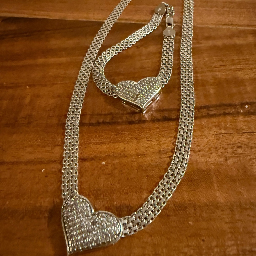 Silver Heart Pendant Necklace and bracelet set